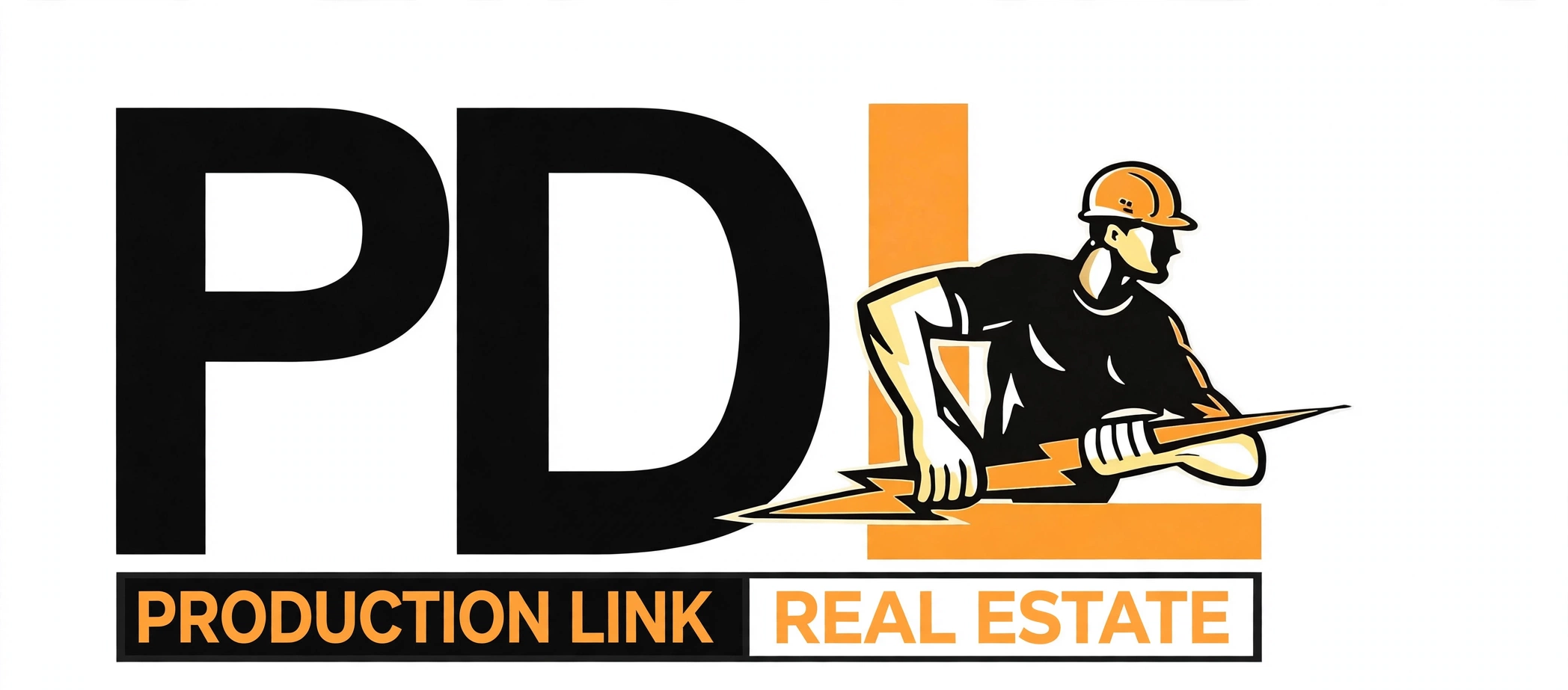 Production Link Real Estate logo — PDI mark with a worker illustration and orange banner lettering